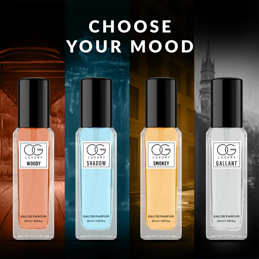 Focus on 'Woody' scent bottle in luxury unisex perfume gift set