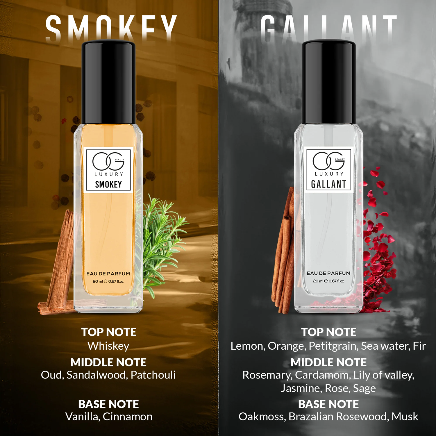 Perfume gift set showing Shadow, Smokey, Gallant, and Woody unisex scents