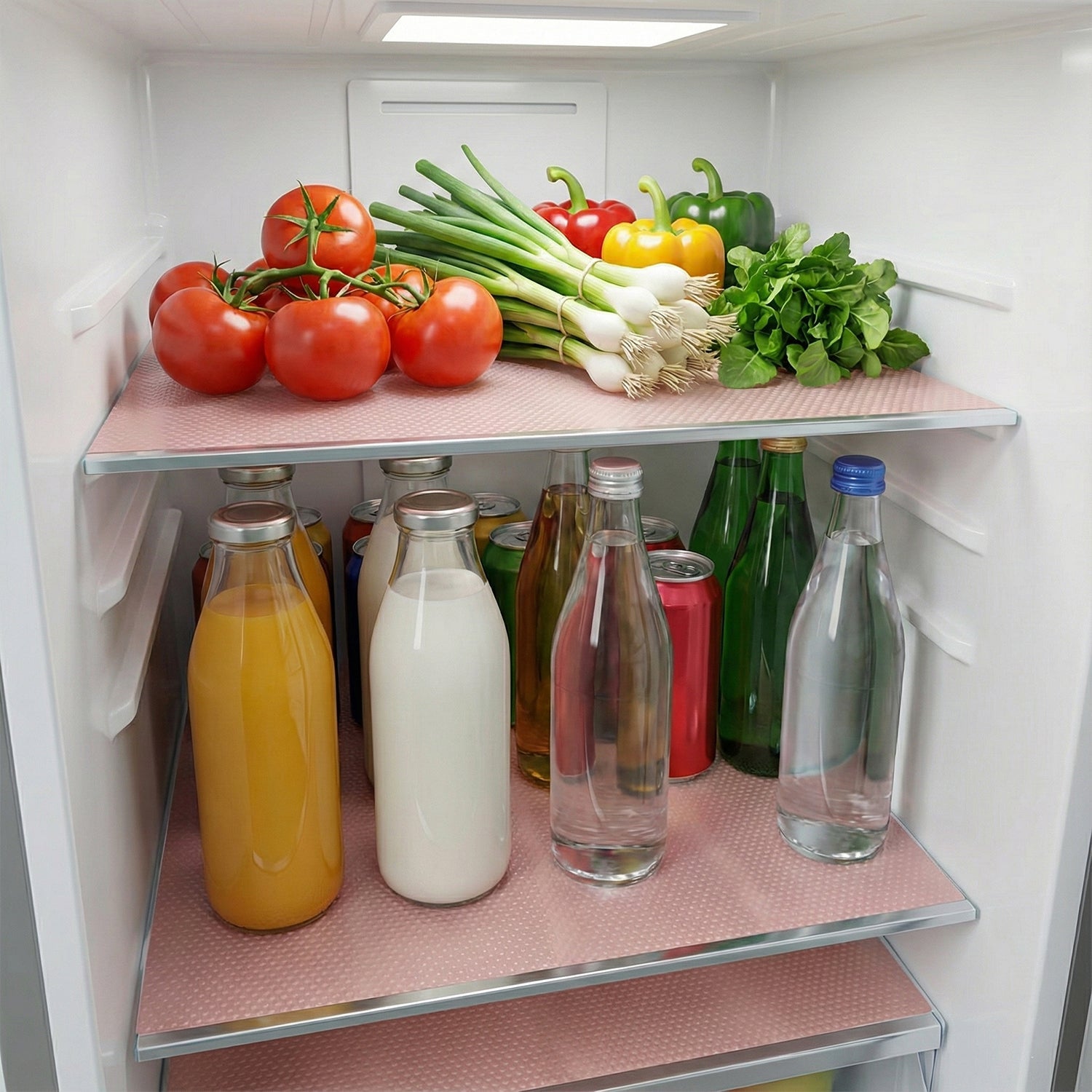 Transparent fridge mats protecting multiple refrigerator shelves from food stains