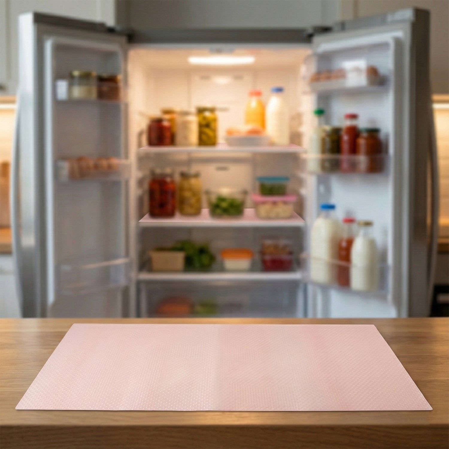 Textured transparent fridge mat preventing spills on refrigerator shelf effectively