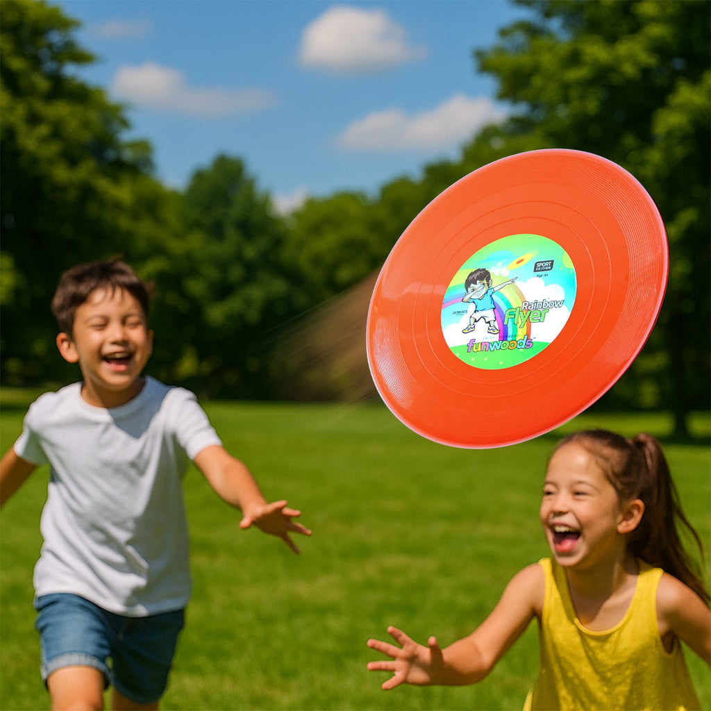 Group playing catch game with big outdoor flying disc frisbee