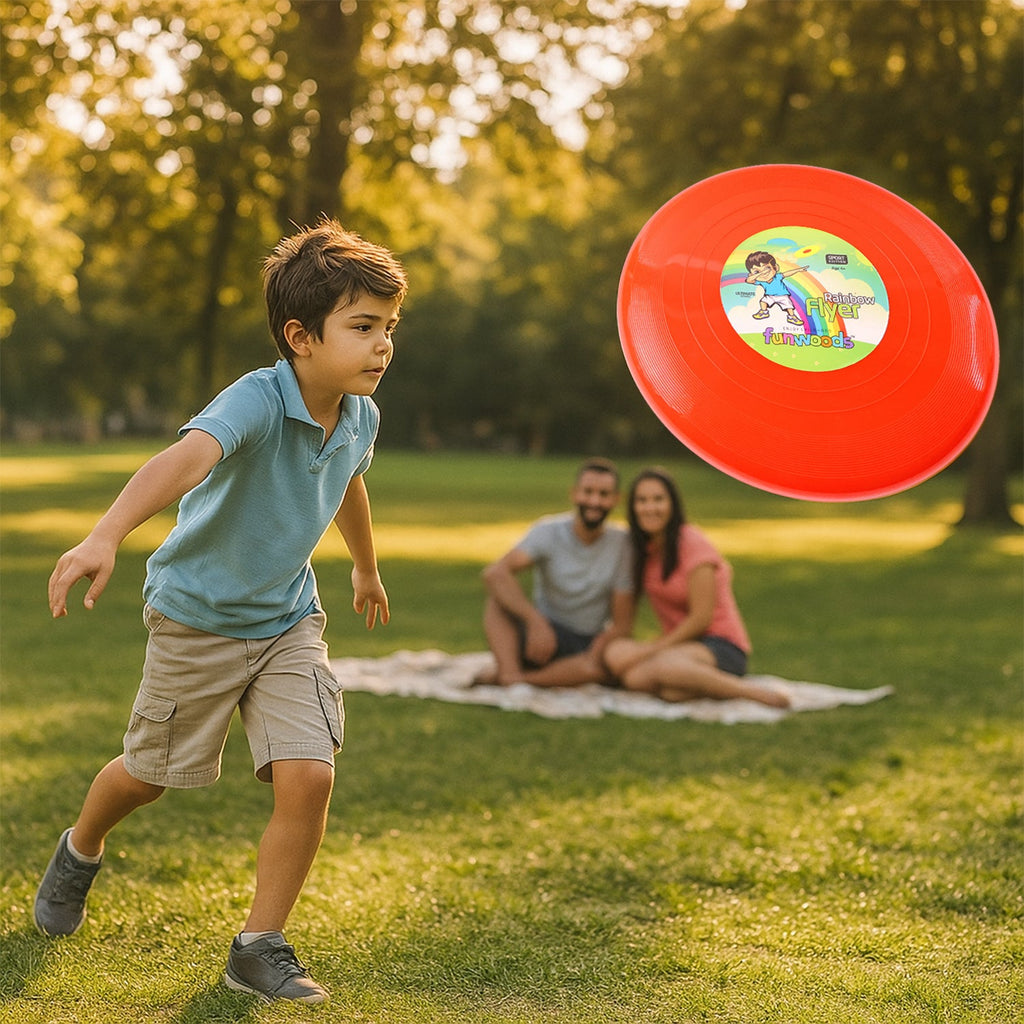 Big outdoor flying disc mid-air during throw action