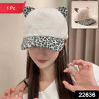 Winter cap with cat ear design and printed visor