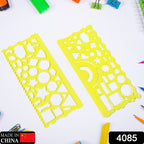 A clear plastic template ruler displaying various geometric shapes like circles and triangles.