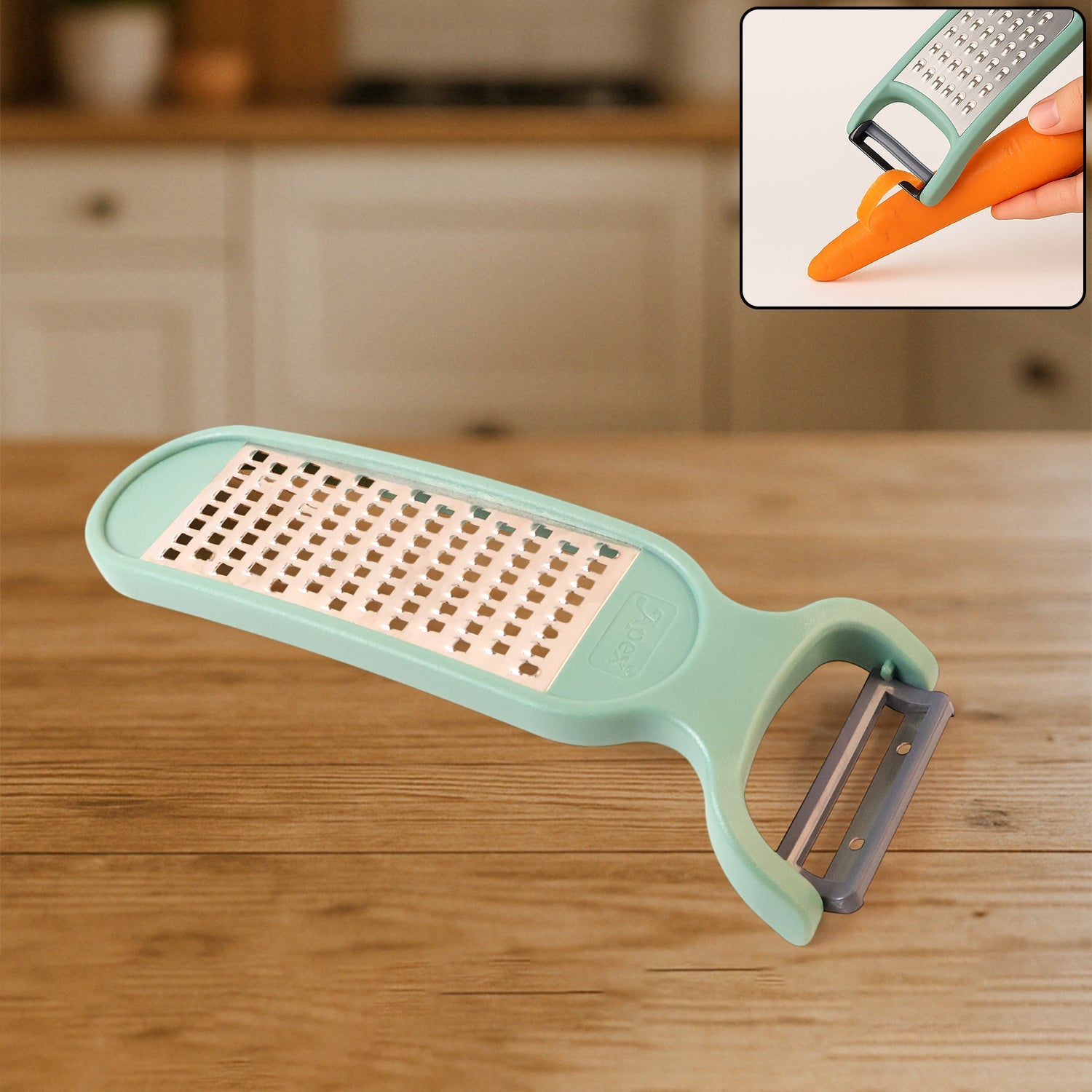 Compact vegetable grater and peeler combo tool with stainless steel blade