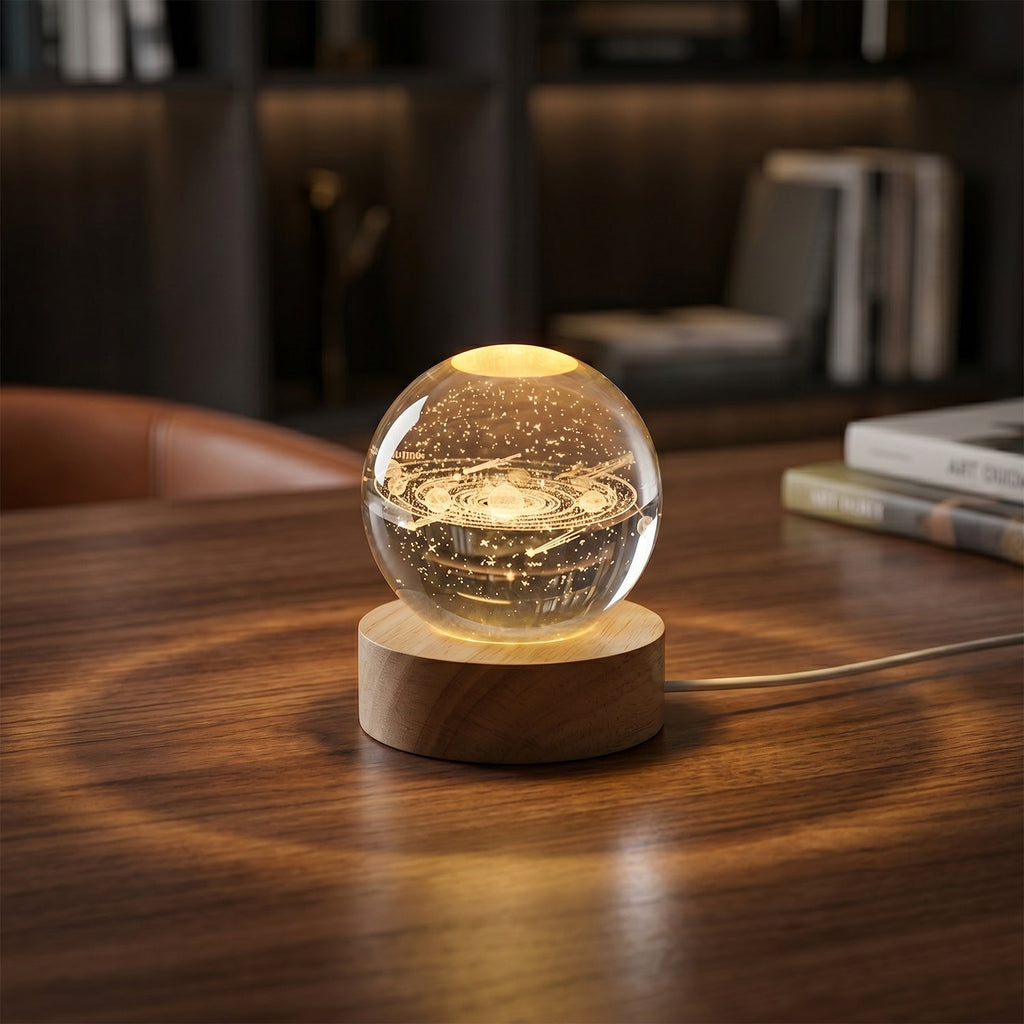 Astronomy Crystal Ball Lamp illuminating a dark bedroom with a serene glow.
