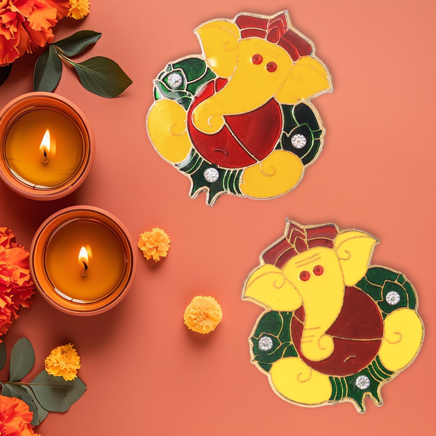 Close-up image showing detailed vibrant Ganpati motif on wall sticker