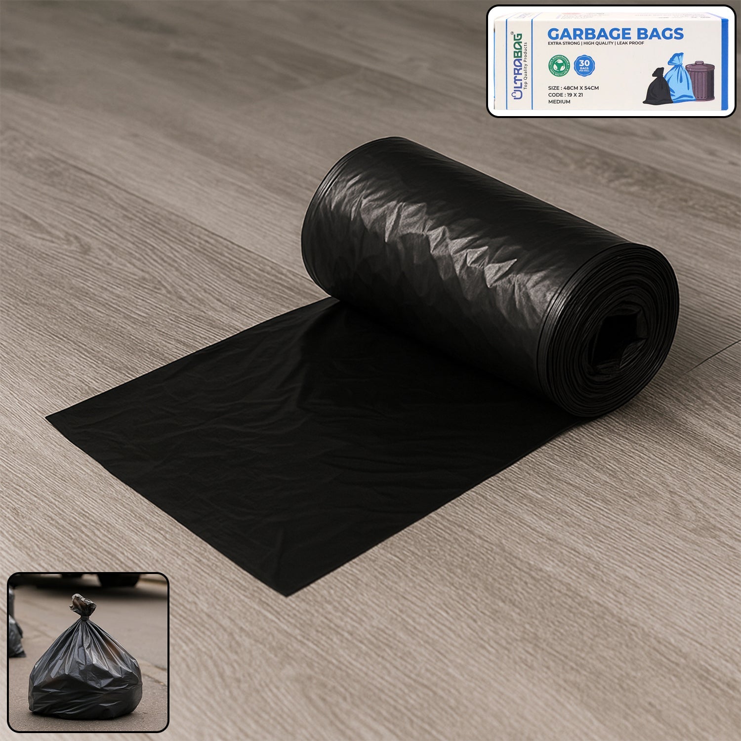 Extra-strong garbage bag roll displayed clearly