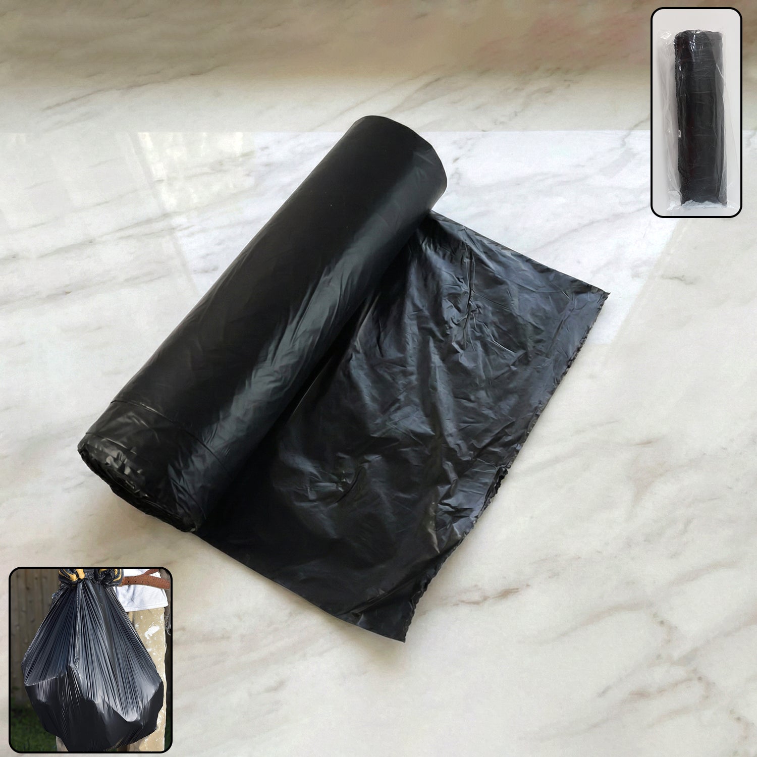 Heavy-duty black garbage bag roll, ideal for home waste disposal.
