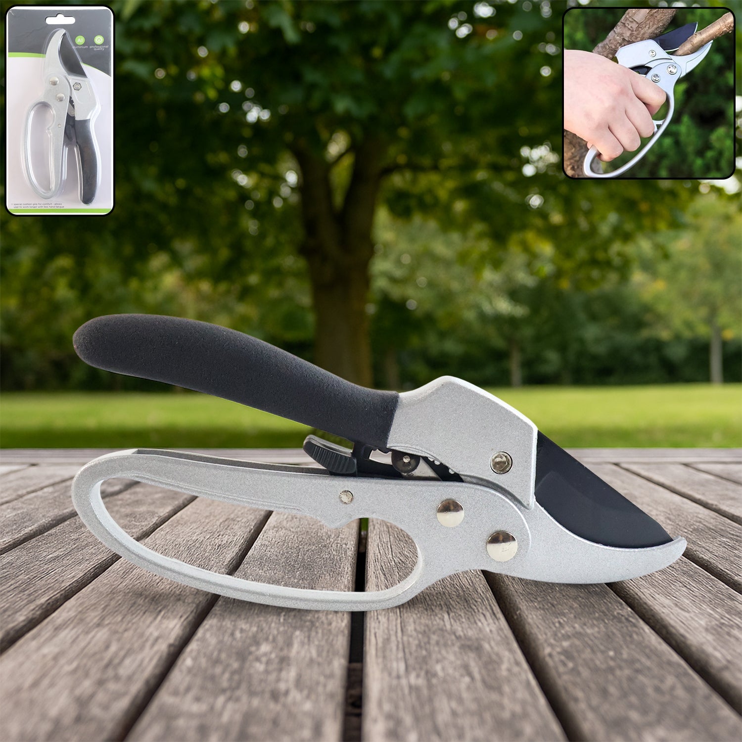 Sharp gardening pruning shears with orange handles, ready for use in a garden.