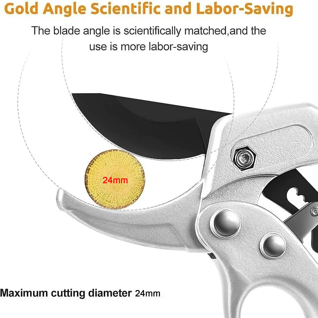 Close-up of the razor-sharp SK-5 steel blades of the pruning shears.