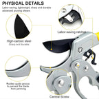 Gardening pruning shears with the secure blade locking mechanism engaged for safety.
