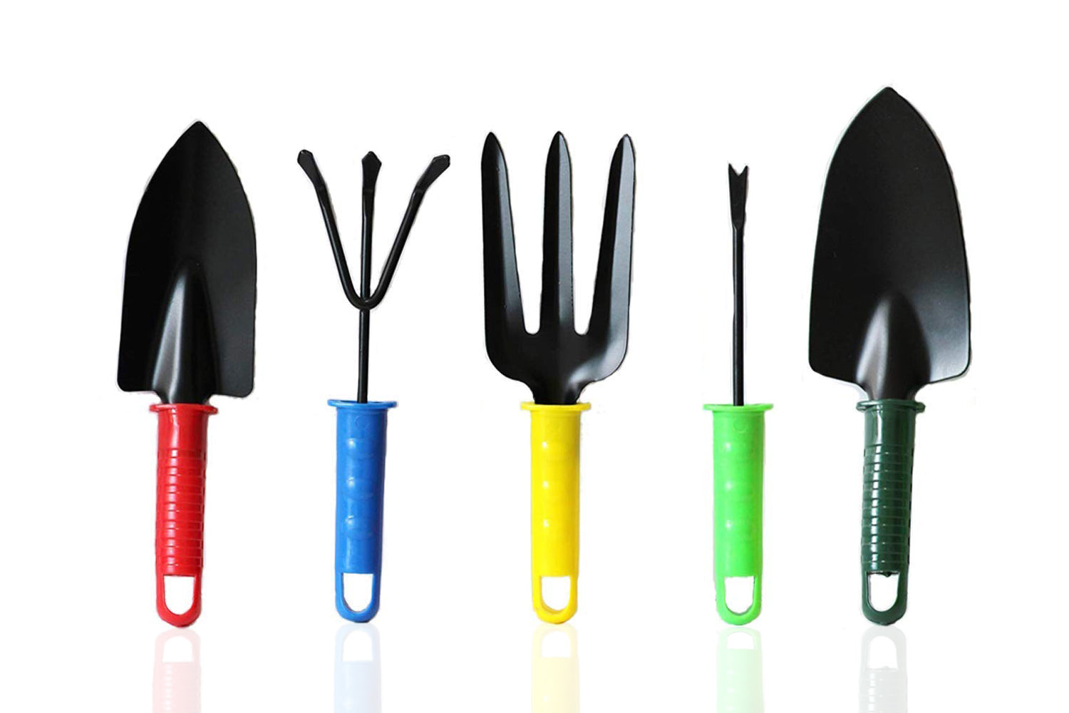 The essential gardening hand tools set neatly arranged, ready for various garden maintenance tasks.