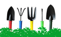A complete 5-piece gardening hand tools set laid out with a hand cultivator, two trowels, a garden fork, and a hand weeder.