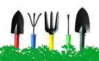 A complete 5-piece gardening hand tools set laid out with a hand cultivator, two trowels, a garden fork, and a hand weeder.