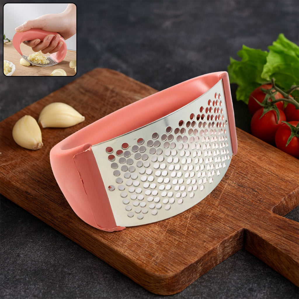 Ergonomic curved garlic press with stainless steel pressing surface