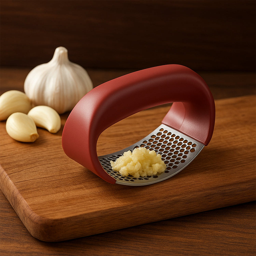 Garlic press in use crushing garlic cloves efficiently