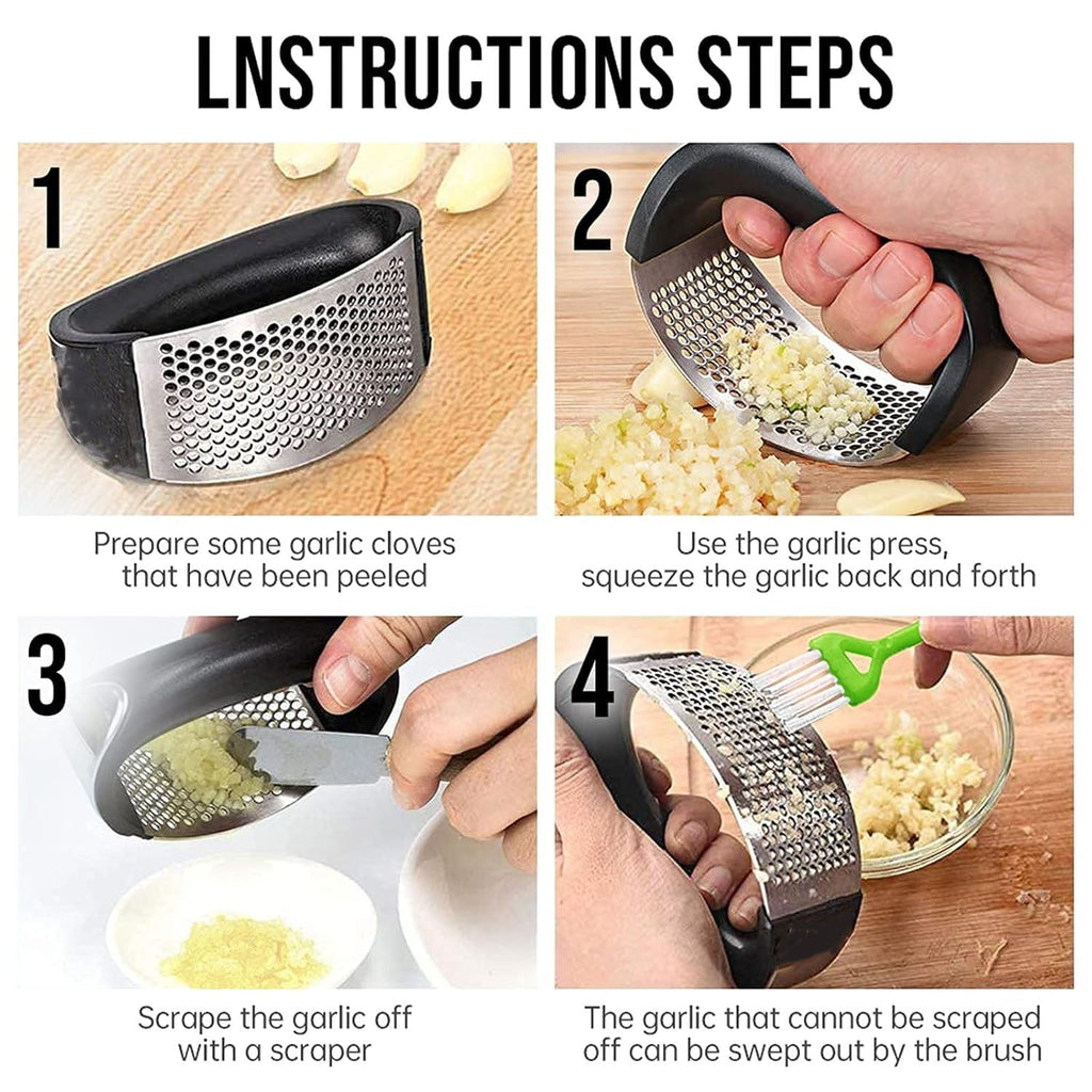 Manual garlic press tool crushing garlic cloves efficiently
