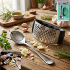 Heavy-duty garlic press tool with ergonomic curved handle and spoon set