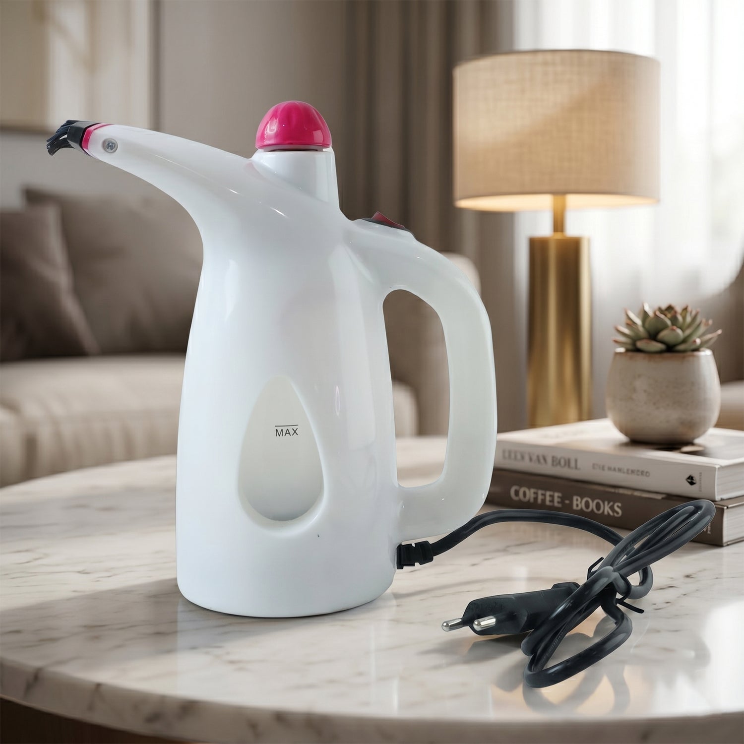 Close-up of ergonomic handle on handheld fabric steamer