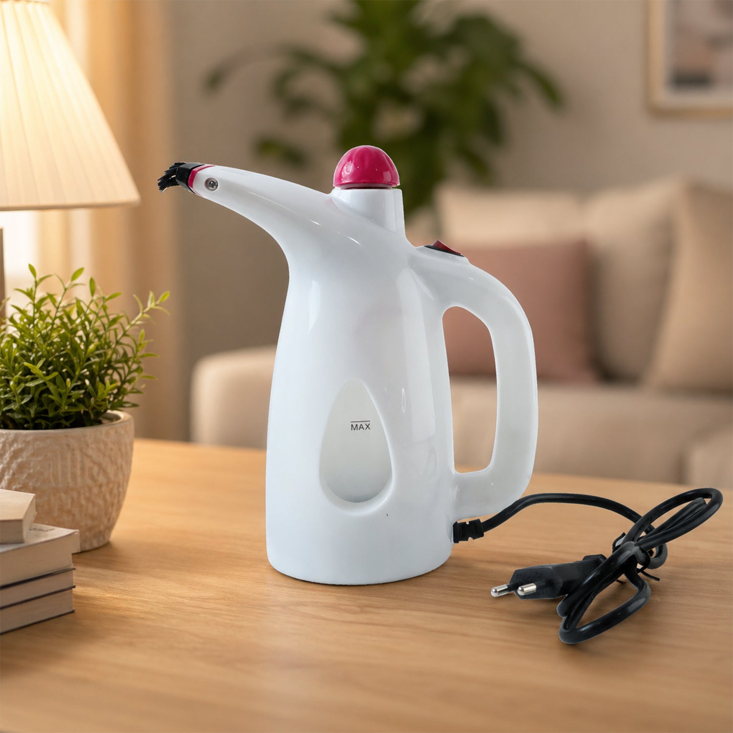 Versatile fabric steamer in action removing wrinkles from clothing