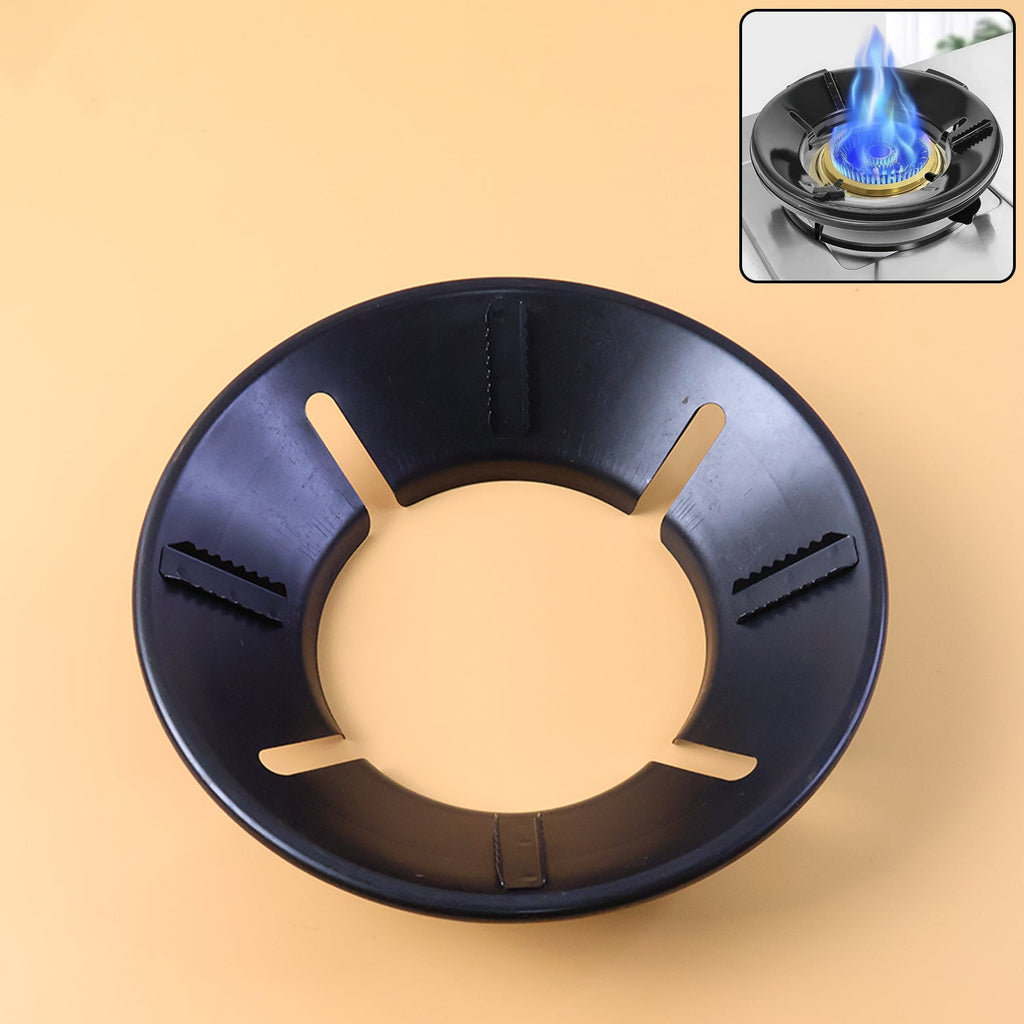 Gas stove flame protector ring installed on burner for even heat distribution
