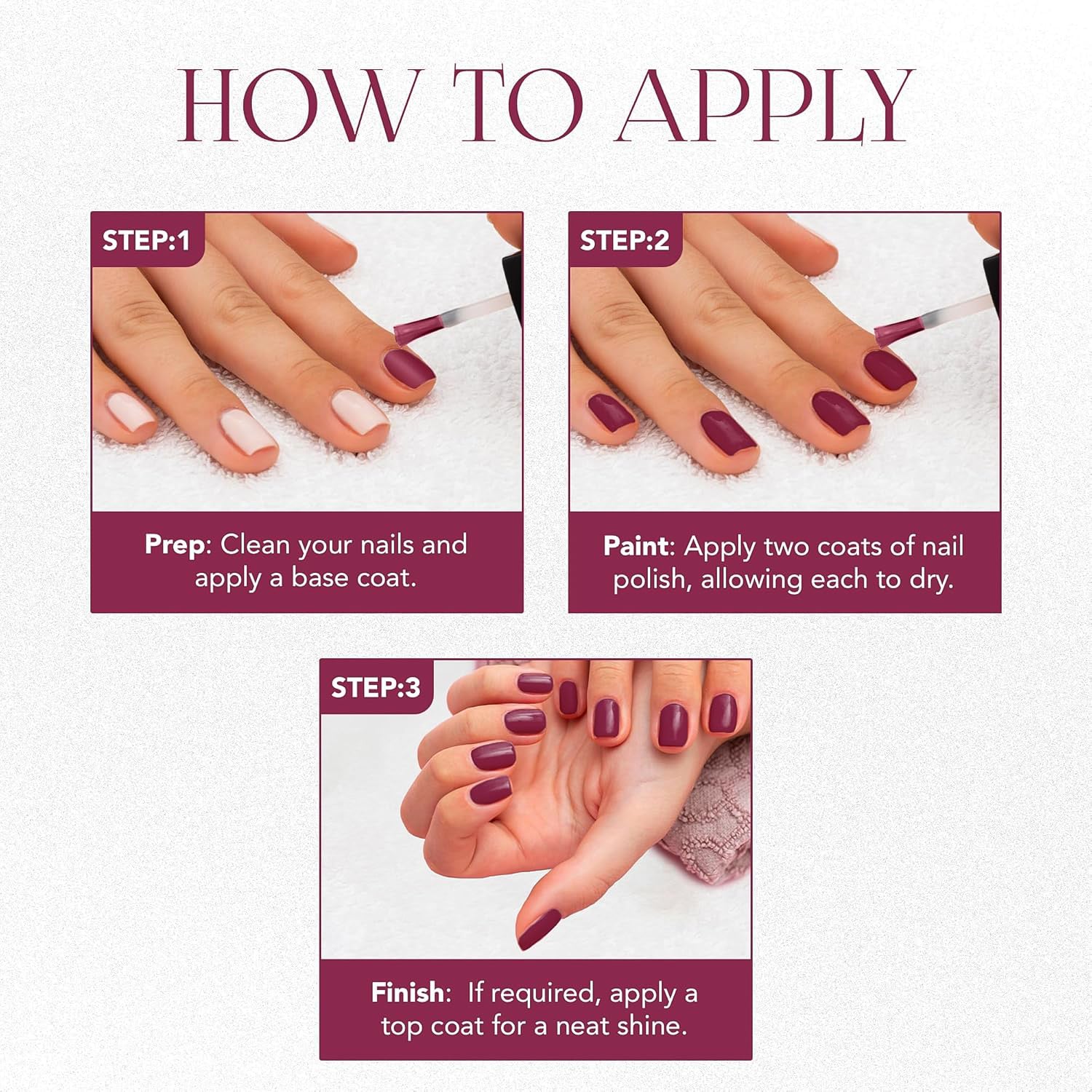 Smooth application of rich plum gel nail lacquer
