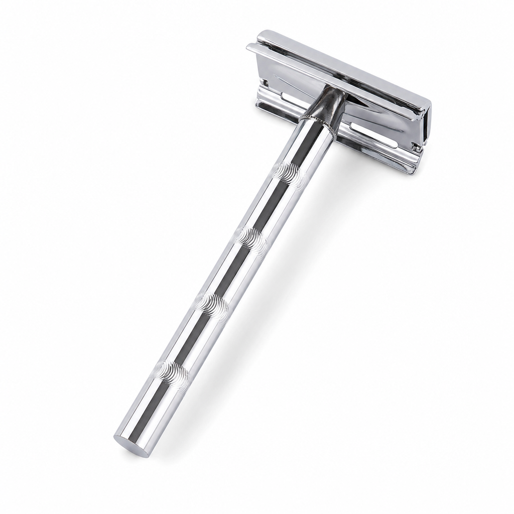 Angled view of double edge safety razor for ease of use
