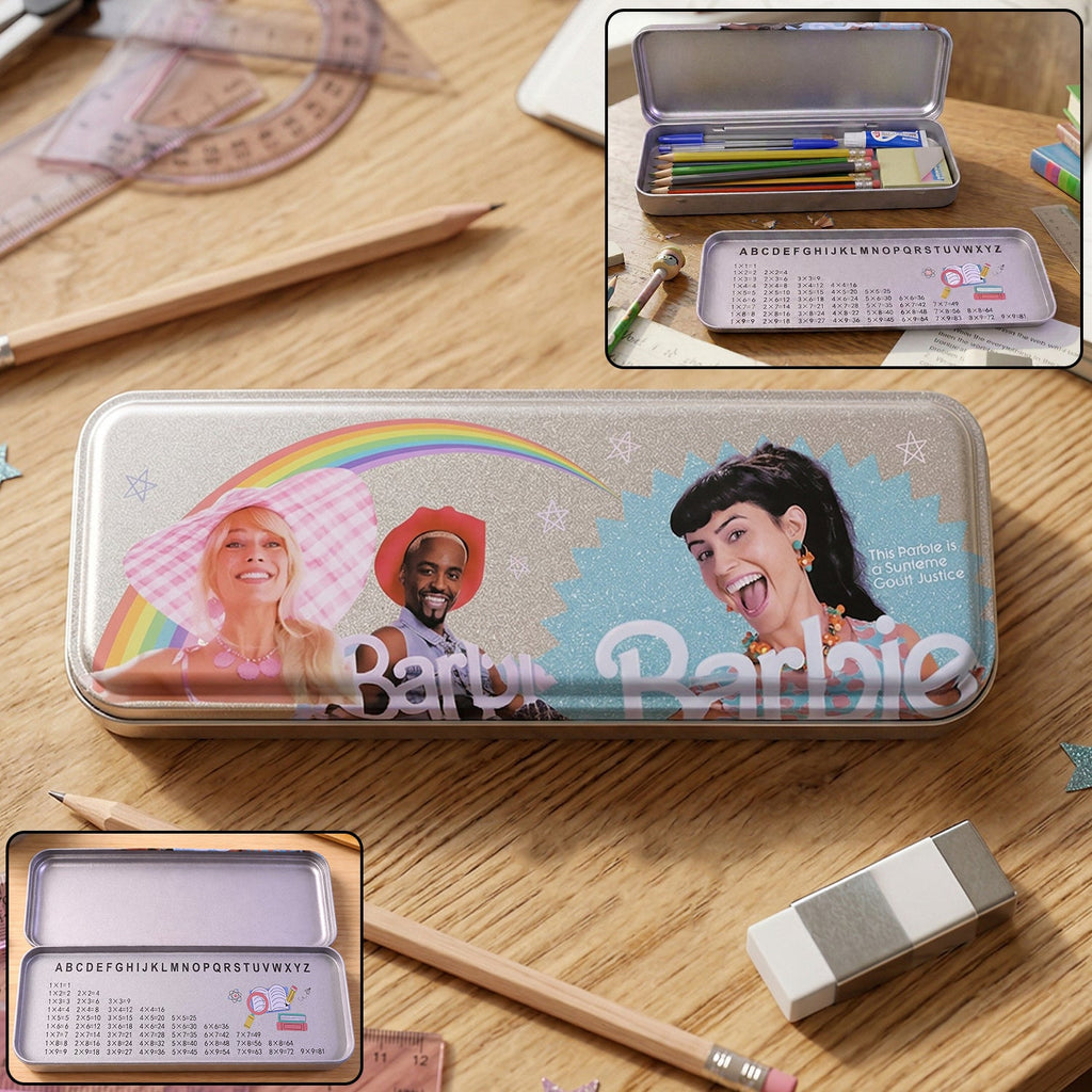 Printed metal pencil box with cartoon design and hinged lid