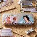 Printed metal pencil box with cartoon design and hinged lid