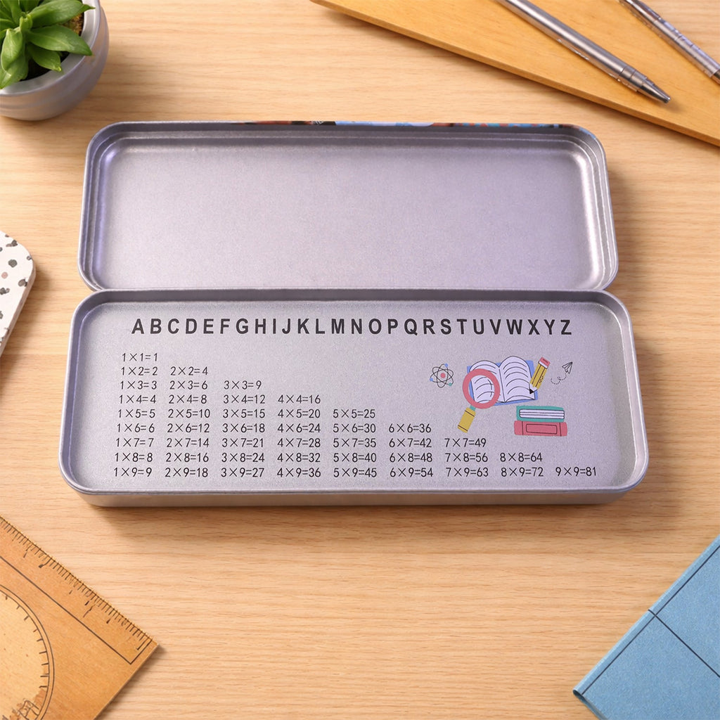 Top-down view of a closed printed metal pencil case