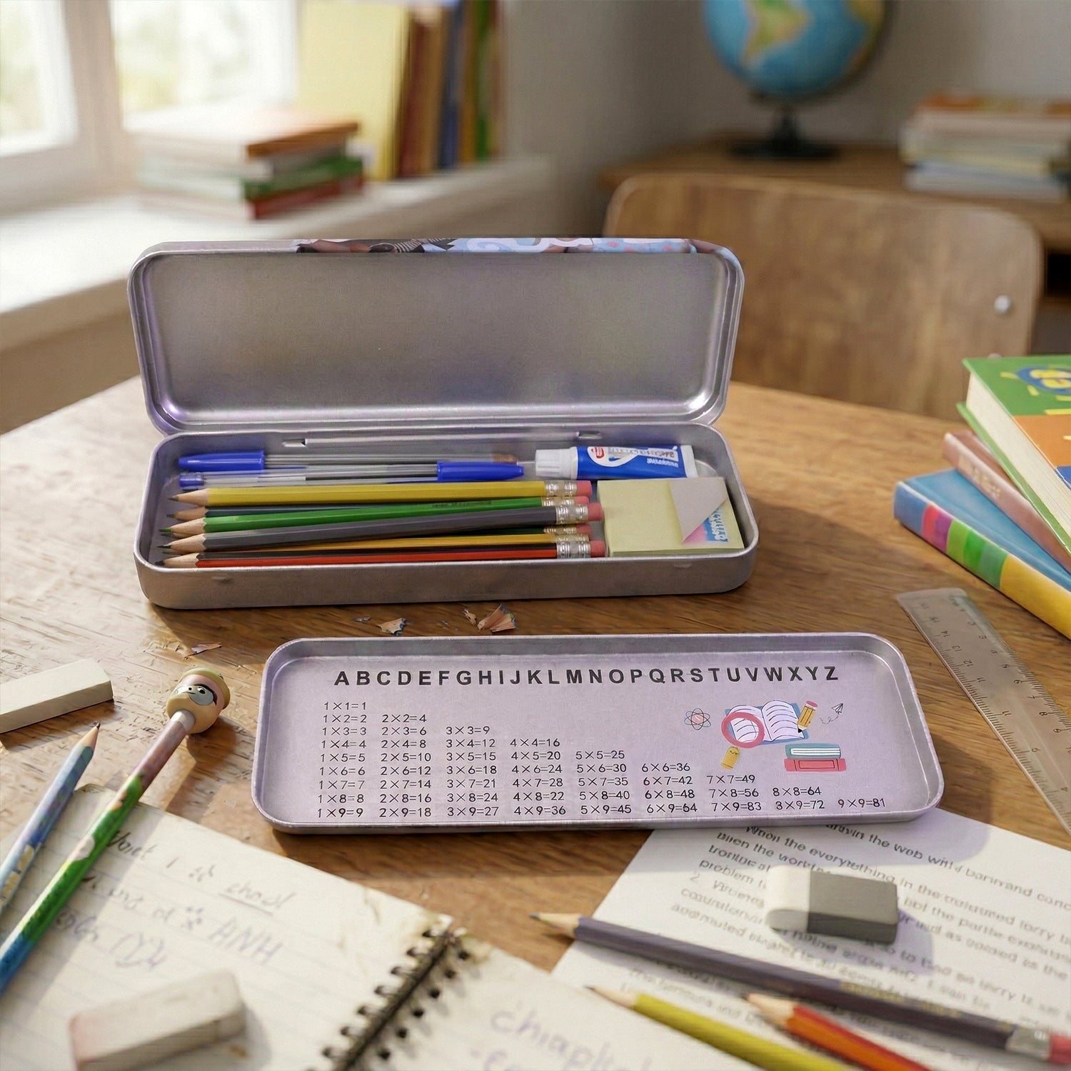 Side view of a vibrant printed metal stationery box