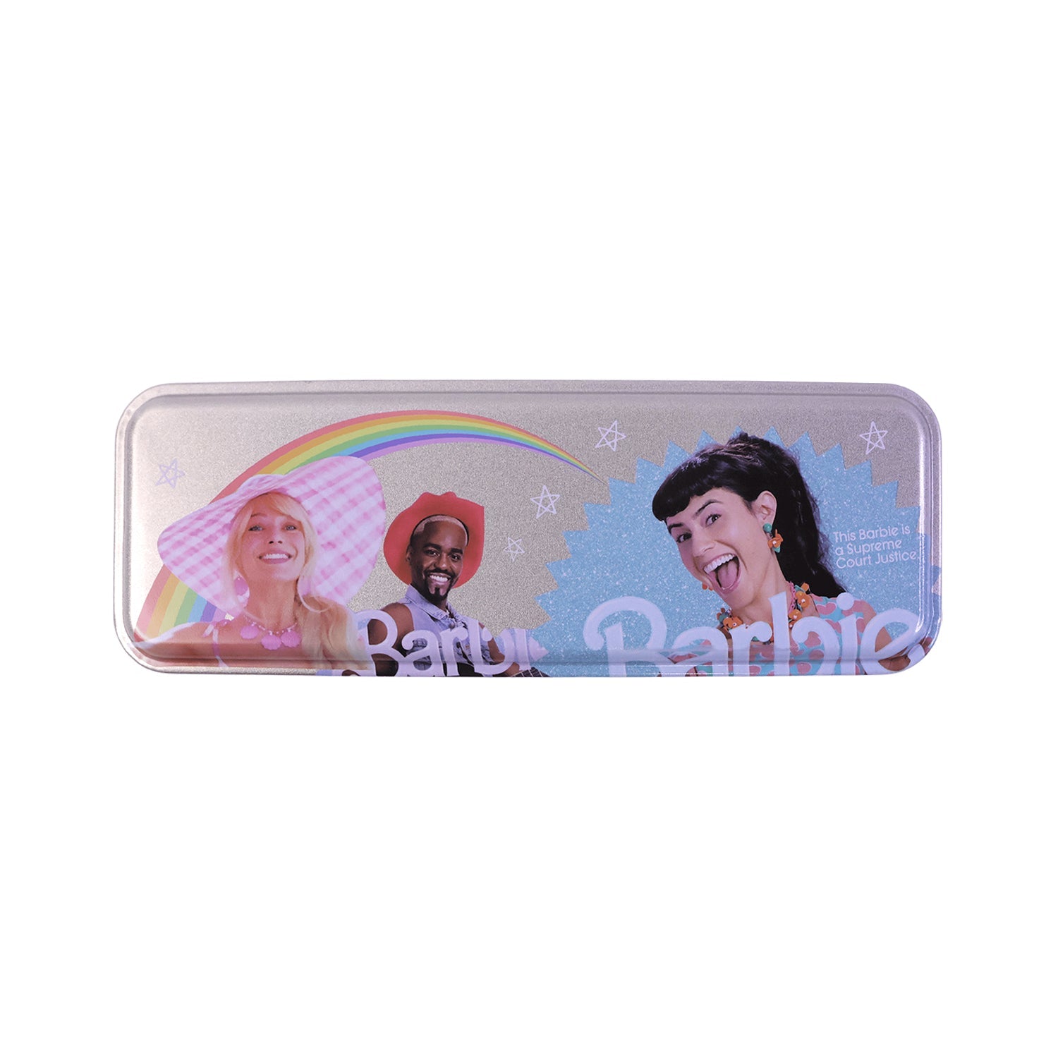 Stationery items inside printed metal pencil box
