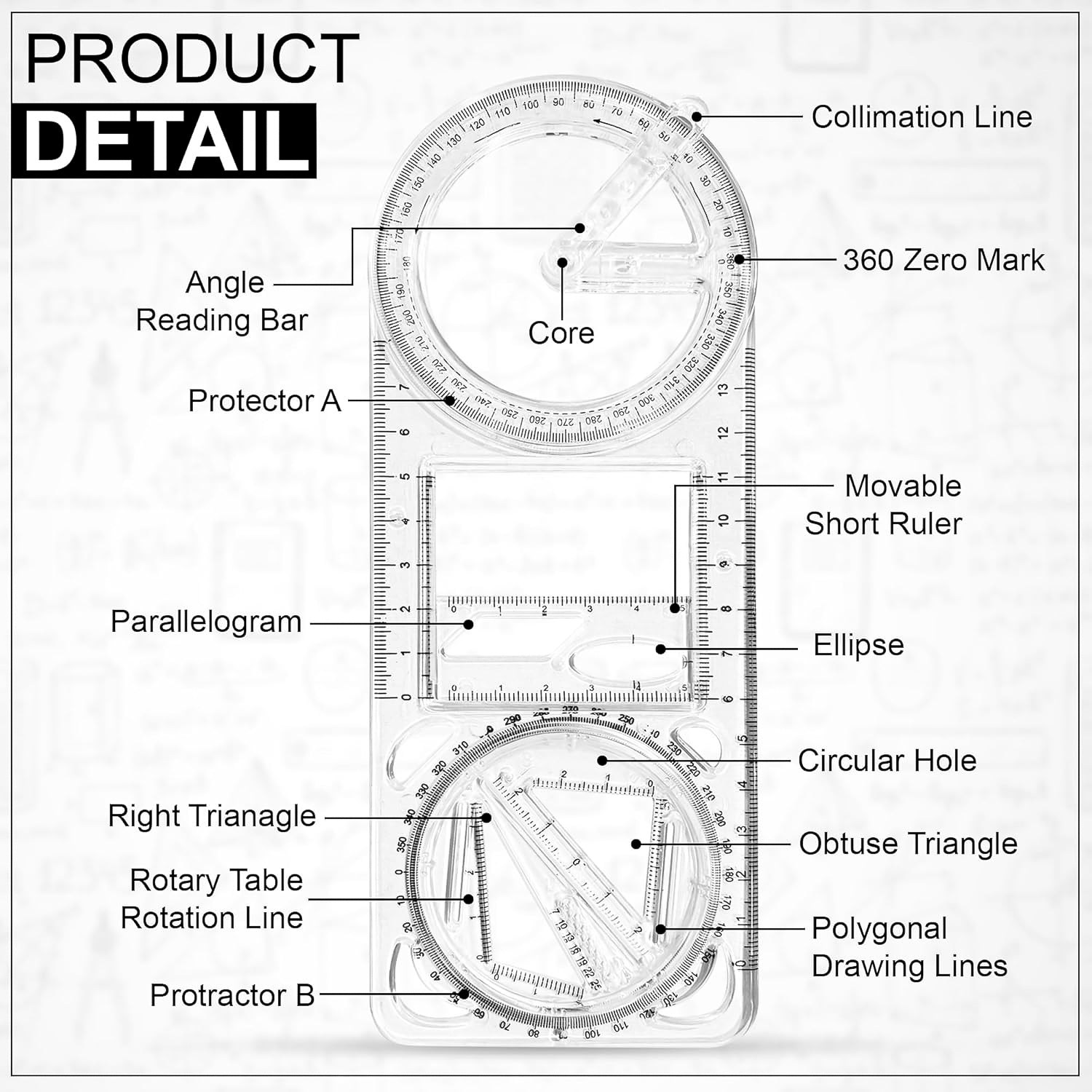 Portable multi-tool geometry drawing instrument in transparent plastic