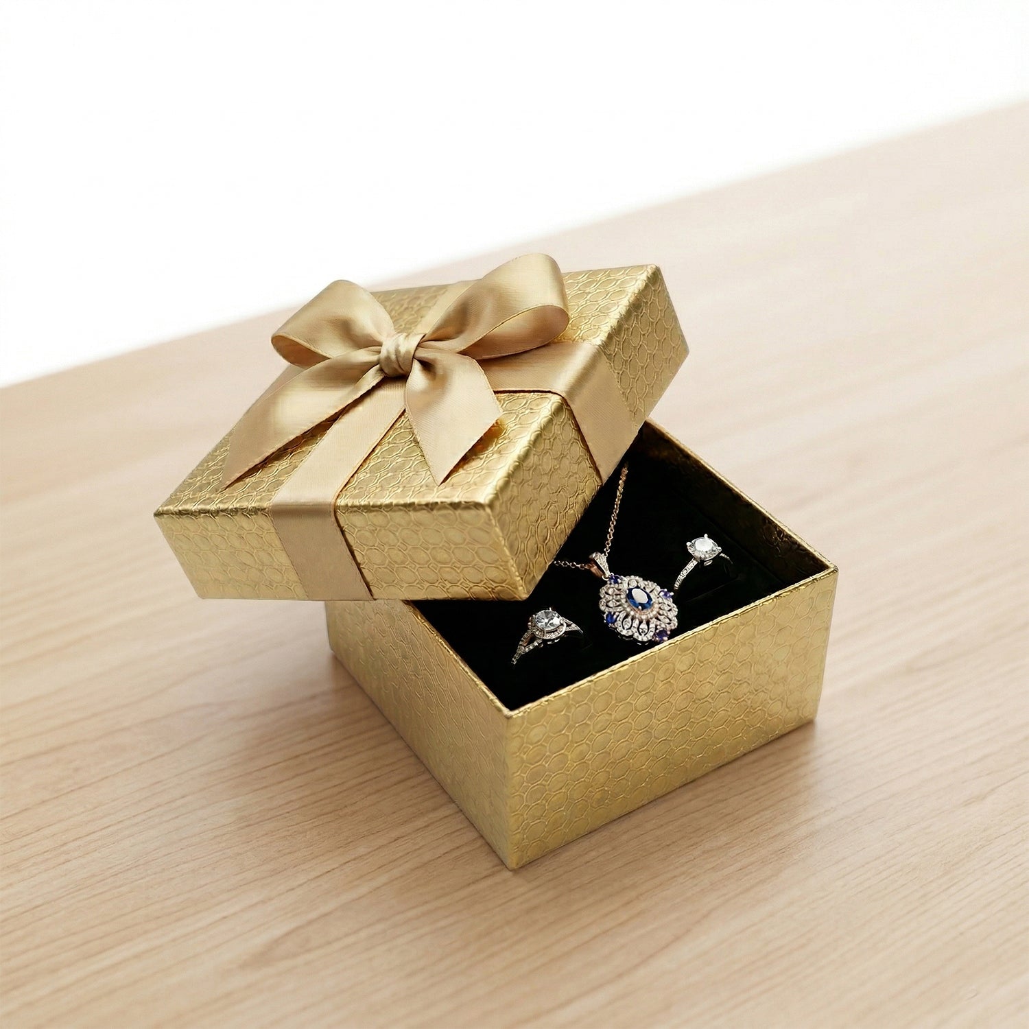 Side view of gift box with decorative ribbon