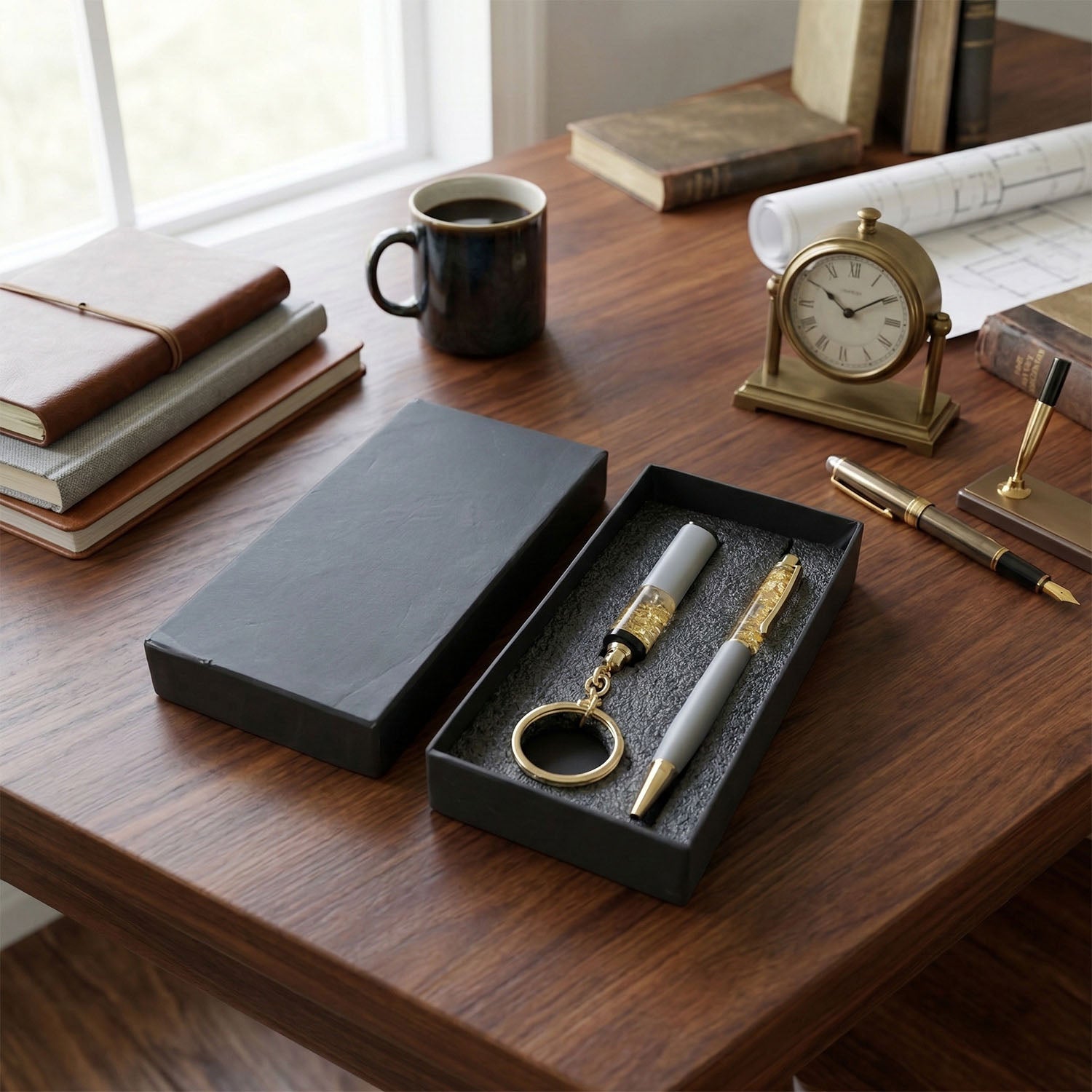 Business gift set featuring stylish pen and decorative keychain
