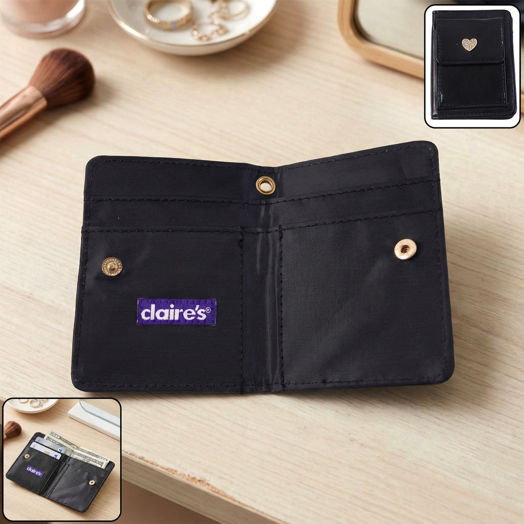 Compact card holder wallet with snap button closure showing front view