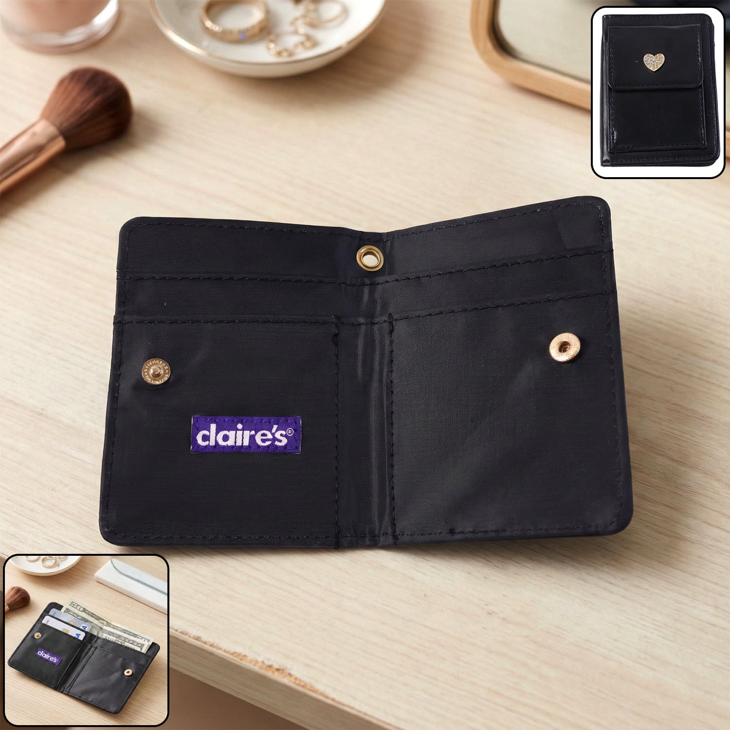 Compact card holder wallet with snap button closure showing front view