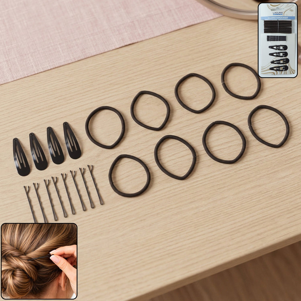Complete hair styling accessories set with rubber bands, clips, and pins