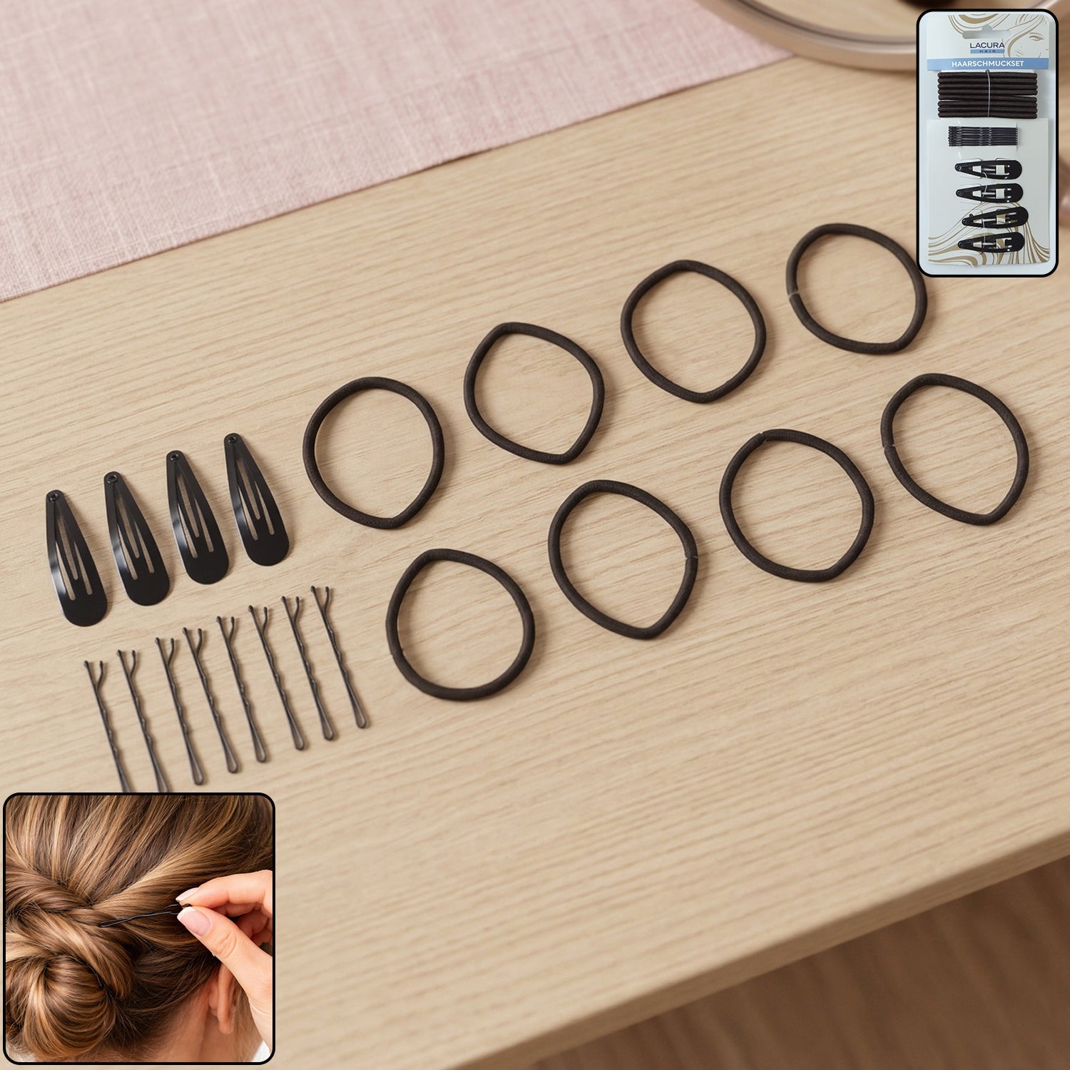 Complete hair styling accessories set with rubber bands, clips, and pins