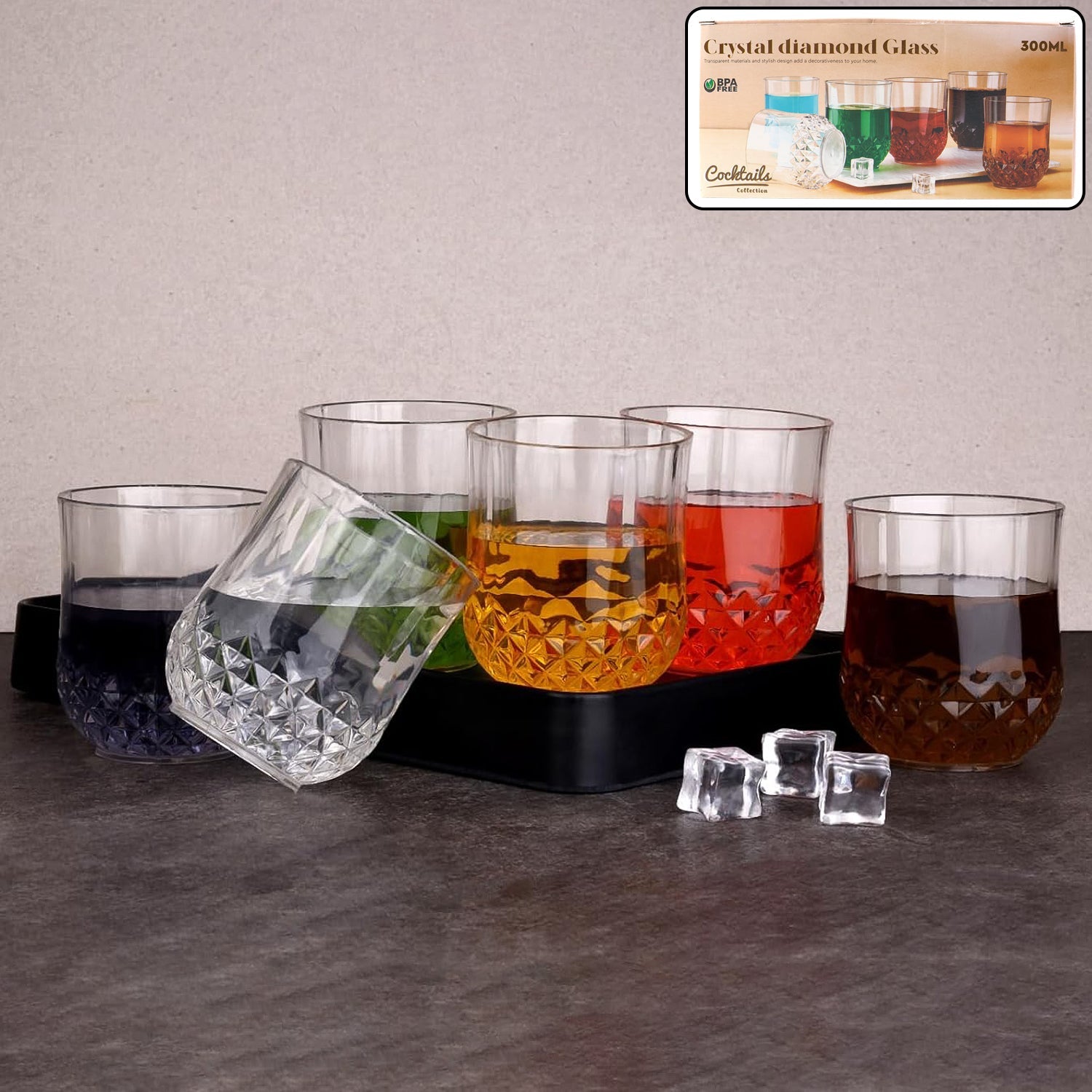 Diamond-pattern transparent drinking glass set showing crystal-look tumblers