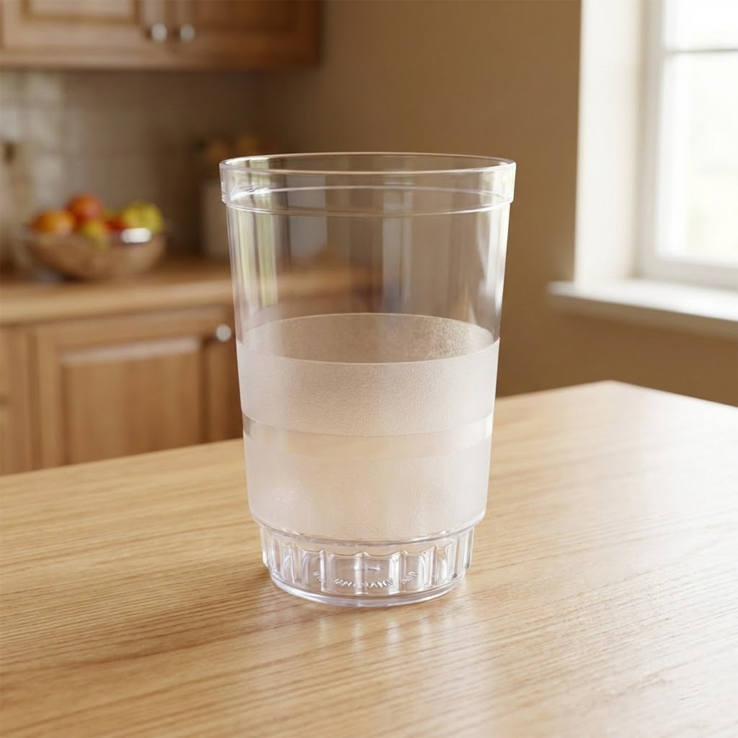Close-up of a Janta drinking glass highlighting frosted grip band