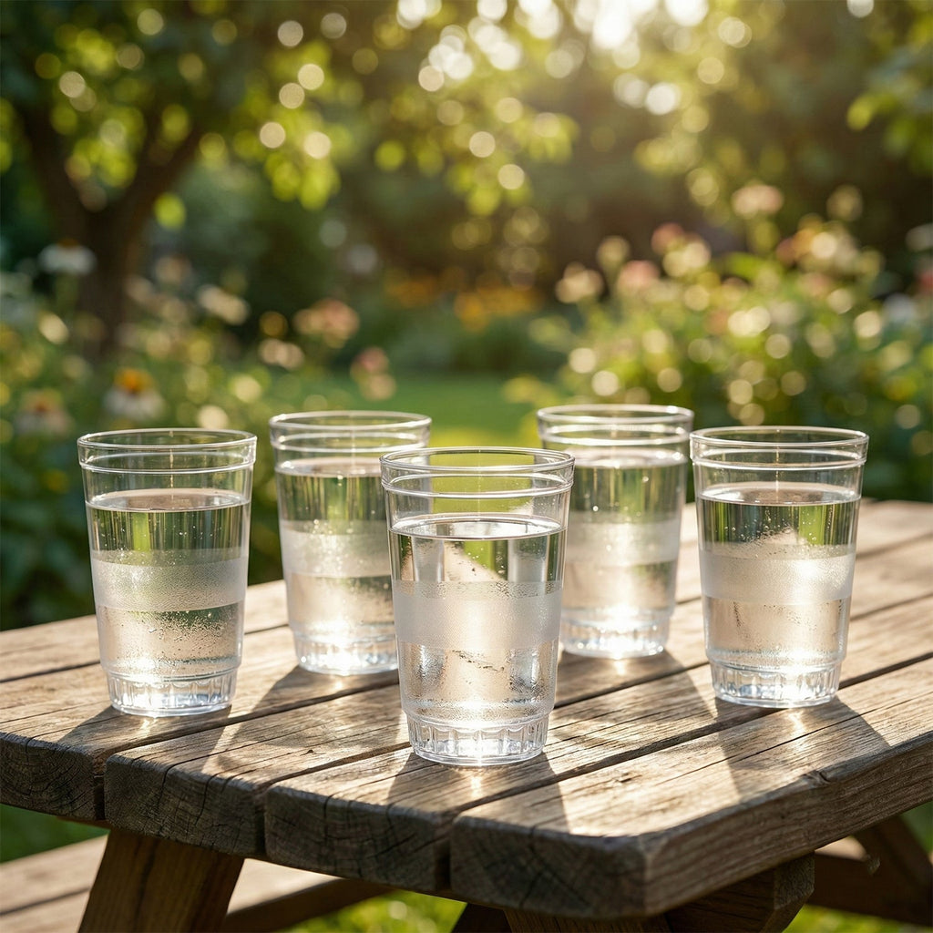 Janta glass tumblers filled with water and ice cubes on table