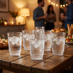 Clear Janta drinking glass beside jug of water illustrating use