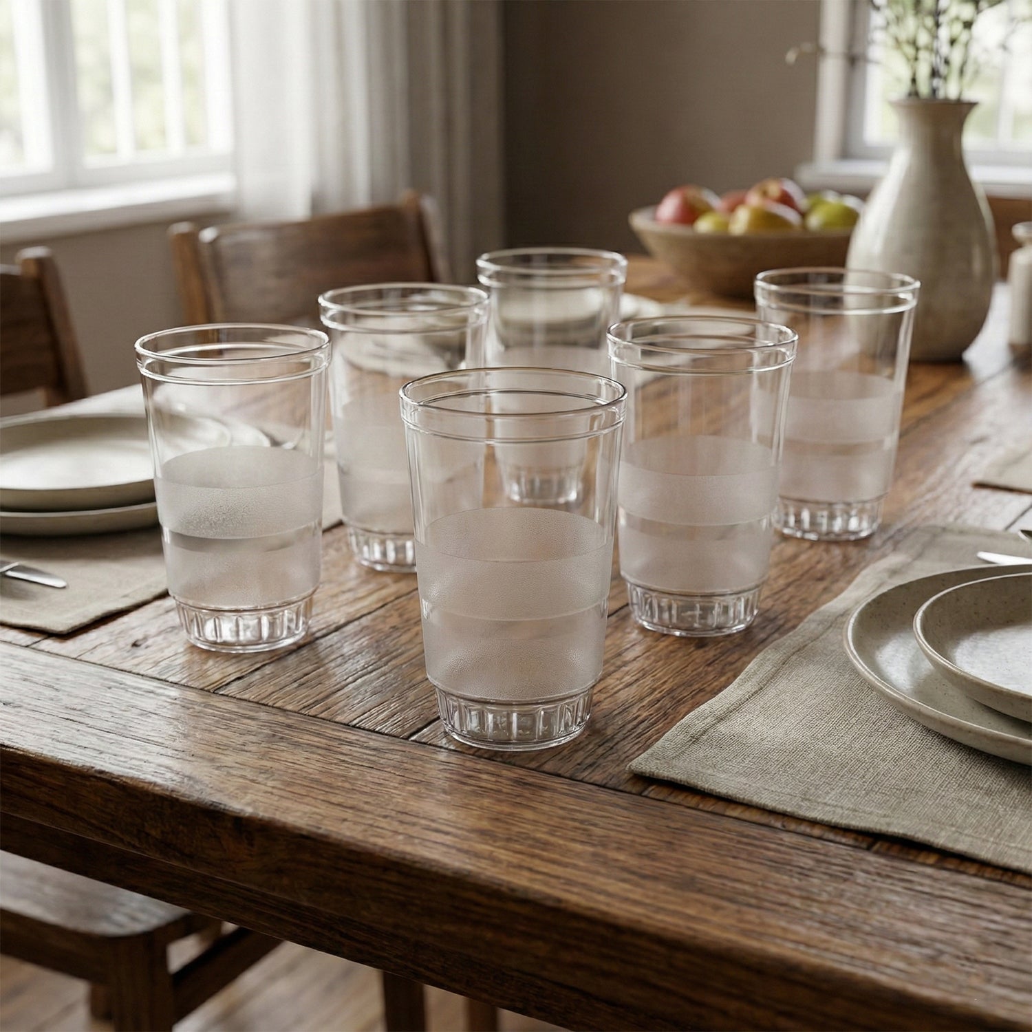 Multiple angles view of Janta drinking glass set with dimensions