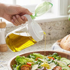Reusable glass oil bottle with stylish green lid