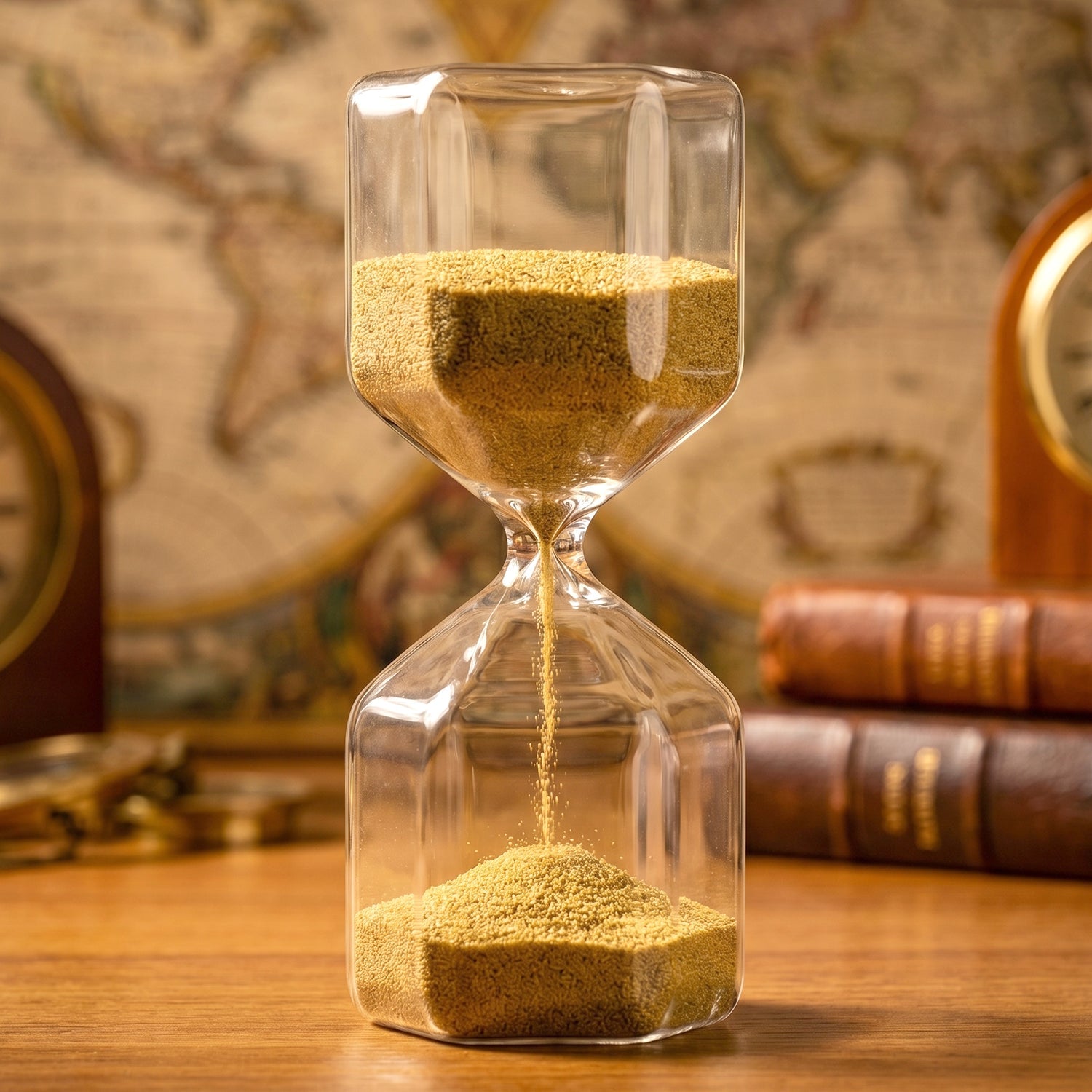 Decorative transparent sand timer hourglass on desk
