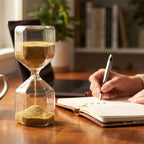 Decorative glass hourglass with yellow sand on white background