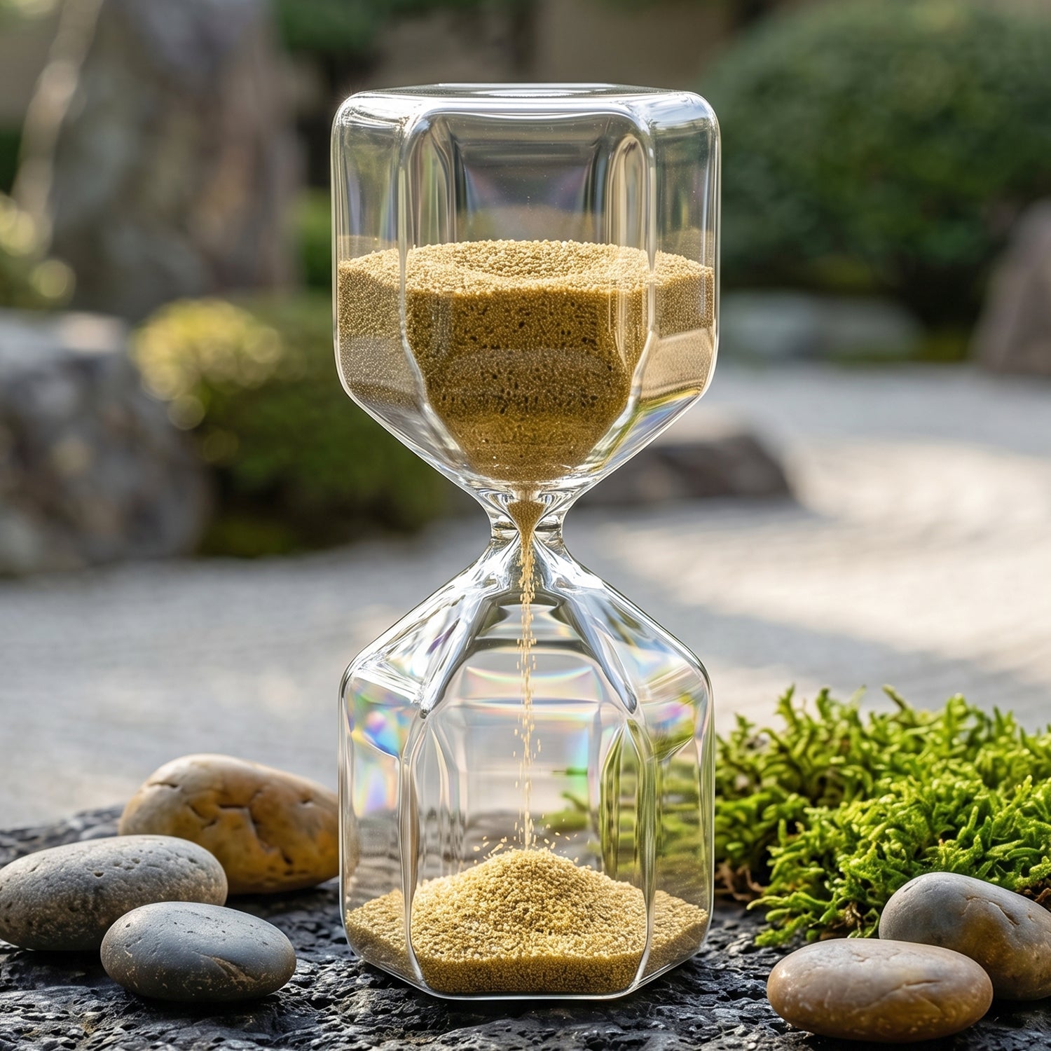 Small compact glass hourglass for desk decor