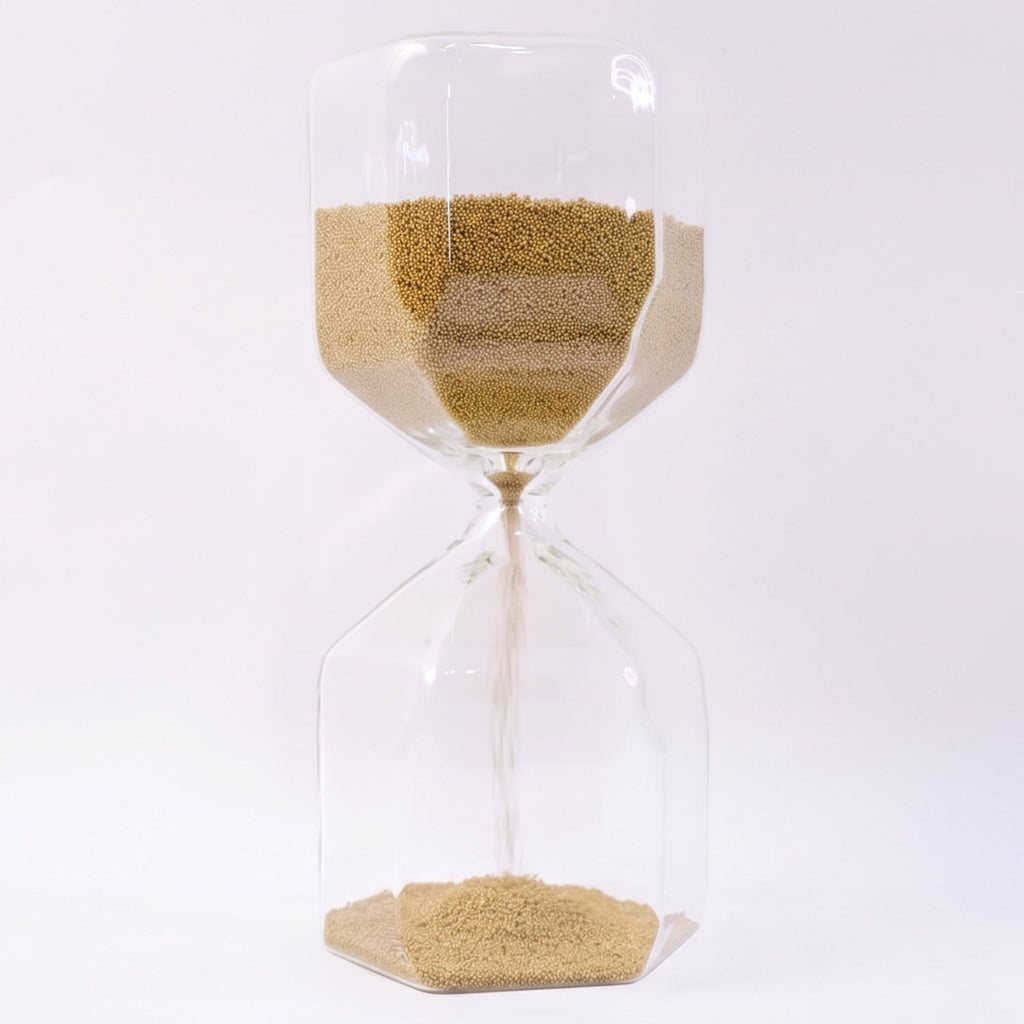 Close-up of yellow sand flowing in glass hourglass timer